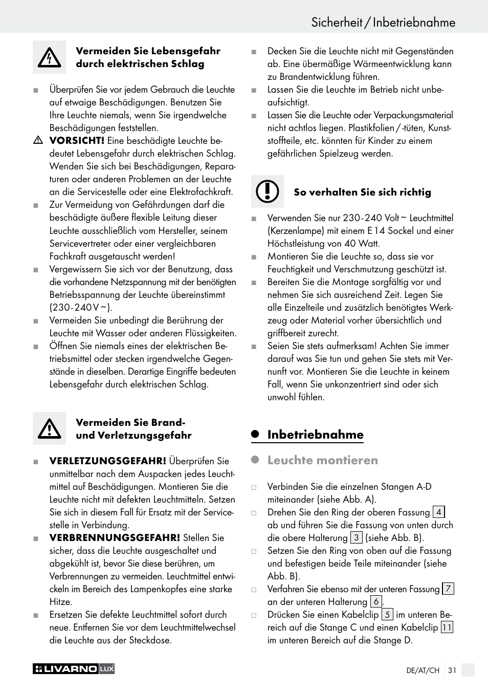 Sicherheit / inbetriebnahme, Inbetriebnahme, Leuchte montieren | Livarno 1240/026L User Manual | Page 31 / 37