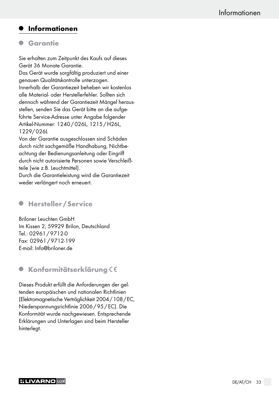 Informationen, Garantie, Hersteller / service | Konformitätserklärung | Livarno 1240/026L User Manual | Page 33 / 37