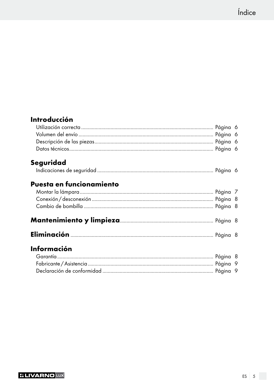 Índice | Livarno 1240/026L User Manual | Page 5 / 37