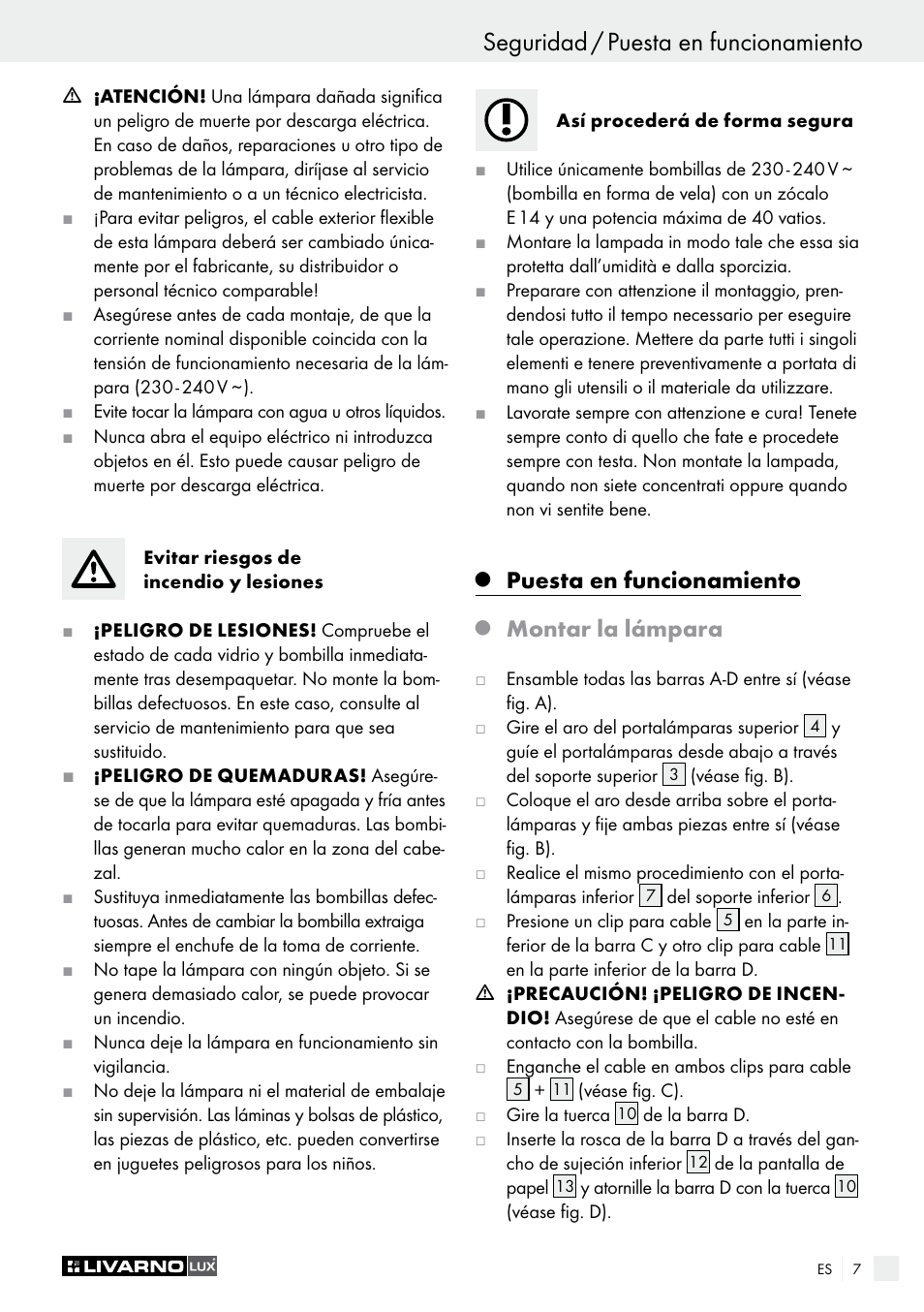 Seguridad / puesta en funcionamiento, Puesta en funcionamiento, Montar la lámpara | Livarno 1240/026L User Manual | Page 7 / 37