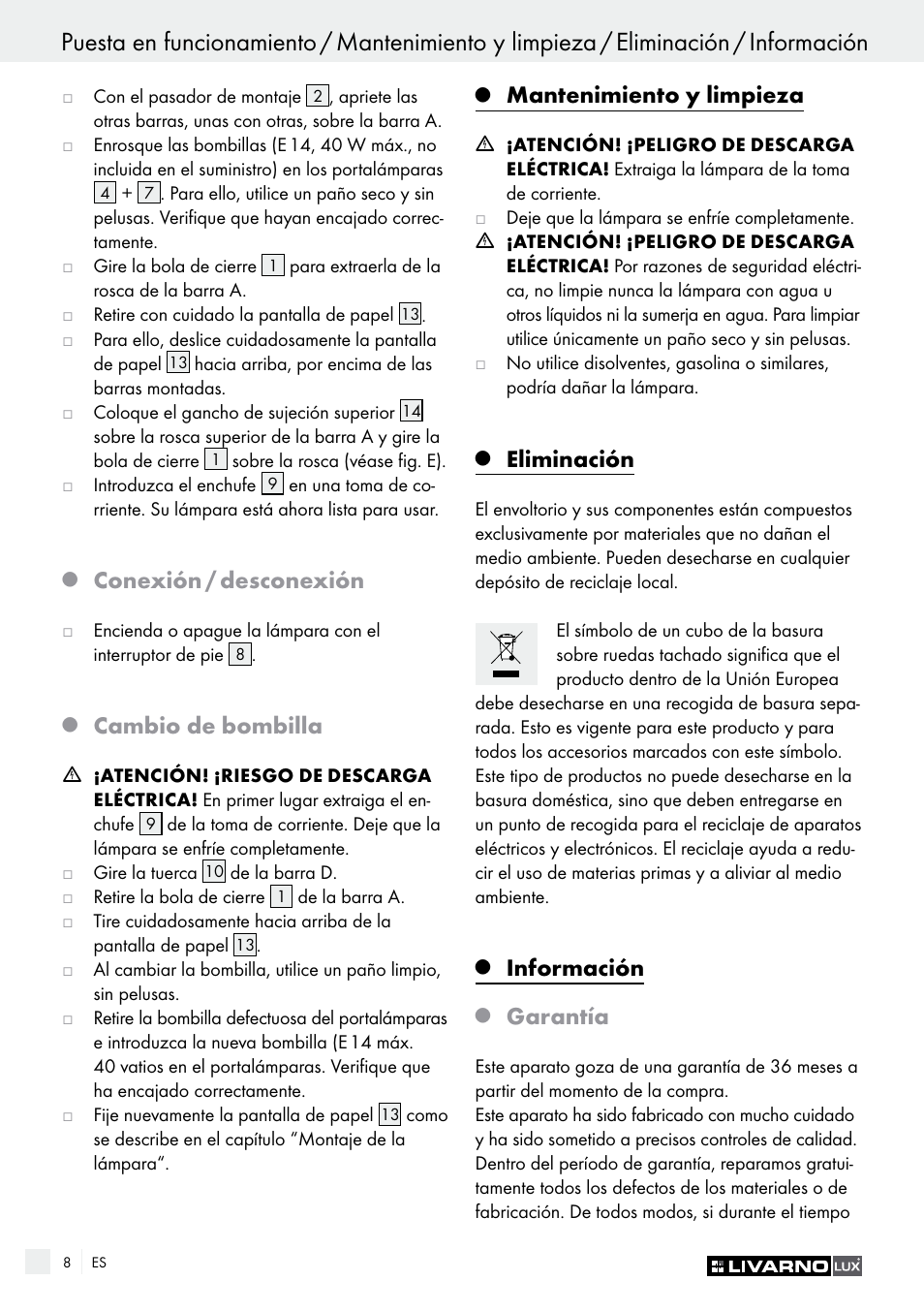 Conexión / desconexión, Cambio de bombilla, Mantenimiento y limpieza | Eliminación, Información, Garantía | Livarno 1240/026L User Manual | Page 8 / 37
