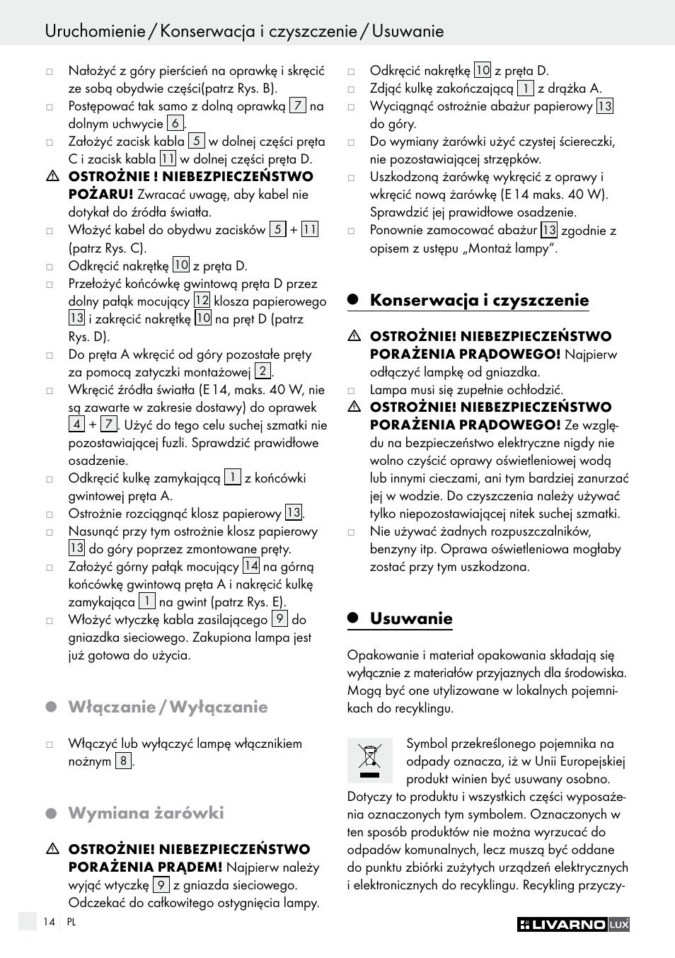 Włączanie / wyłączanie, Wymiana żarówki, Konserwacja i czyszczenie | Usuwanie | Livarno 1240/026L User Manual | Page 14 / 49