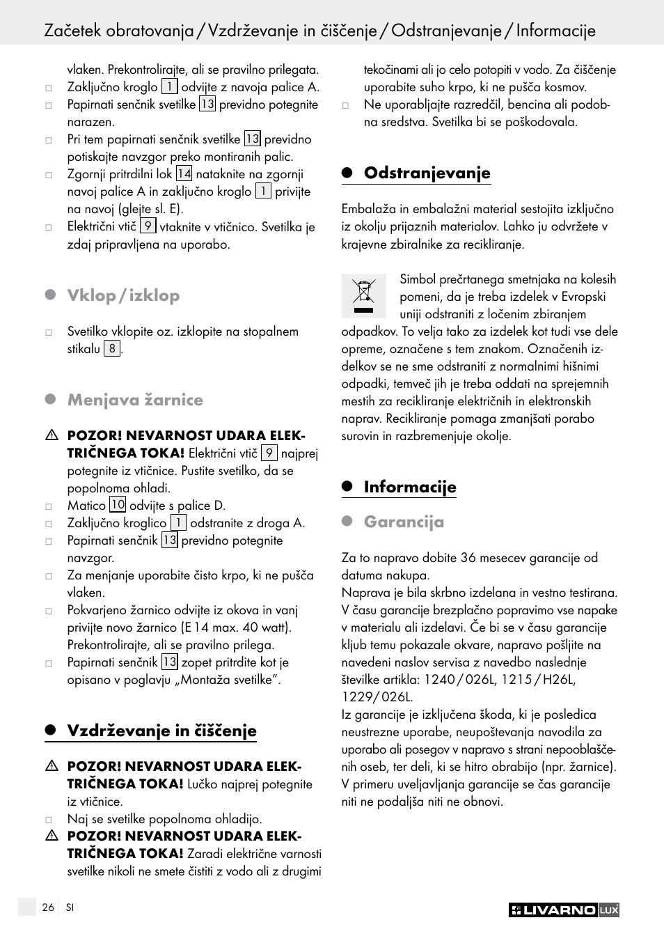 Vklop / izklop, Menjava žarnice, Vzdrževanje in čiščenje | Odstranjevanje, Informacije, Garancija | Livarno 1240/026L User Manual | Page 26 / 49