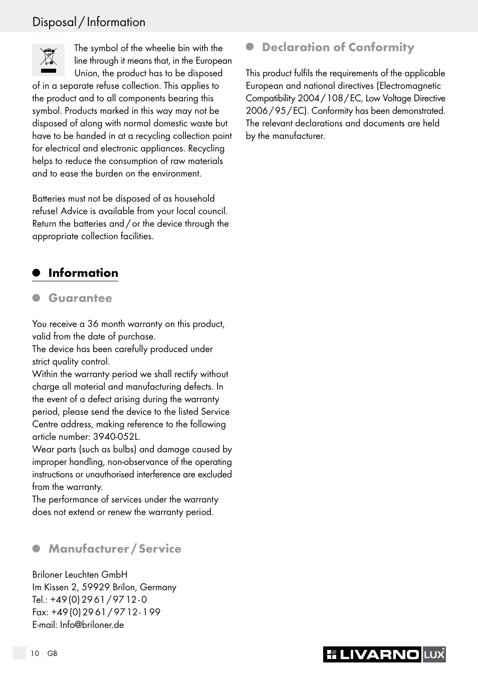 Disposal / information, Information, Guarantee | Manufacturer / service, Declaration of conformity | Livarno 3940/052L User Manual | Page 10 / 48