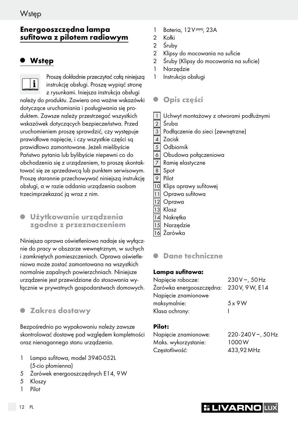 Wstęp, Energooszczędna lampa sufitowa z pilotem radiowym, Użytkowanie urządzenia zgodne z przeznaczeniem | Zakres dostawy, Opis części, Dane techniczne | Livarno 3940/052L User Manual | Page 12 / 48