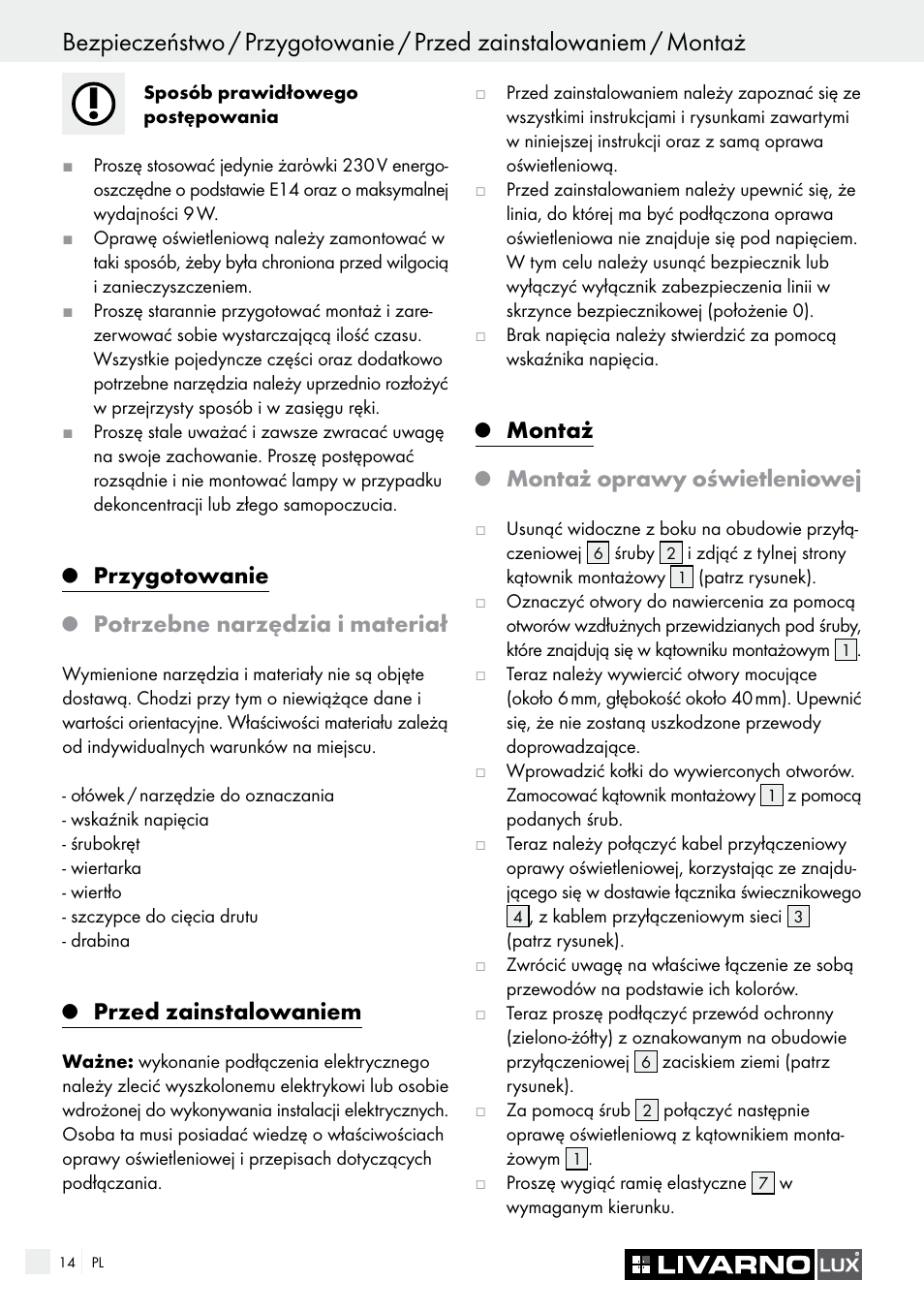 Przygotowanie, Potrzebne narzędzia i materiał, Przed zainstalowaniem | Montaż, Montaż oprawy oświetleniowej | Livarno 3940/052L User Manual | Page 14 / 48