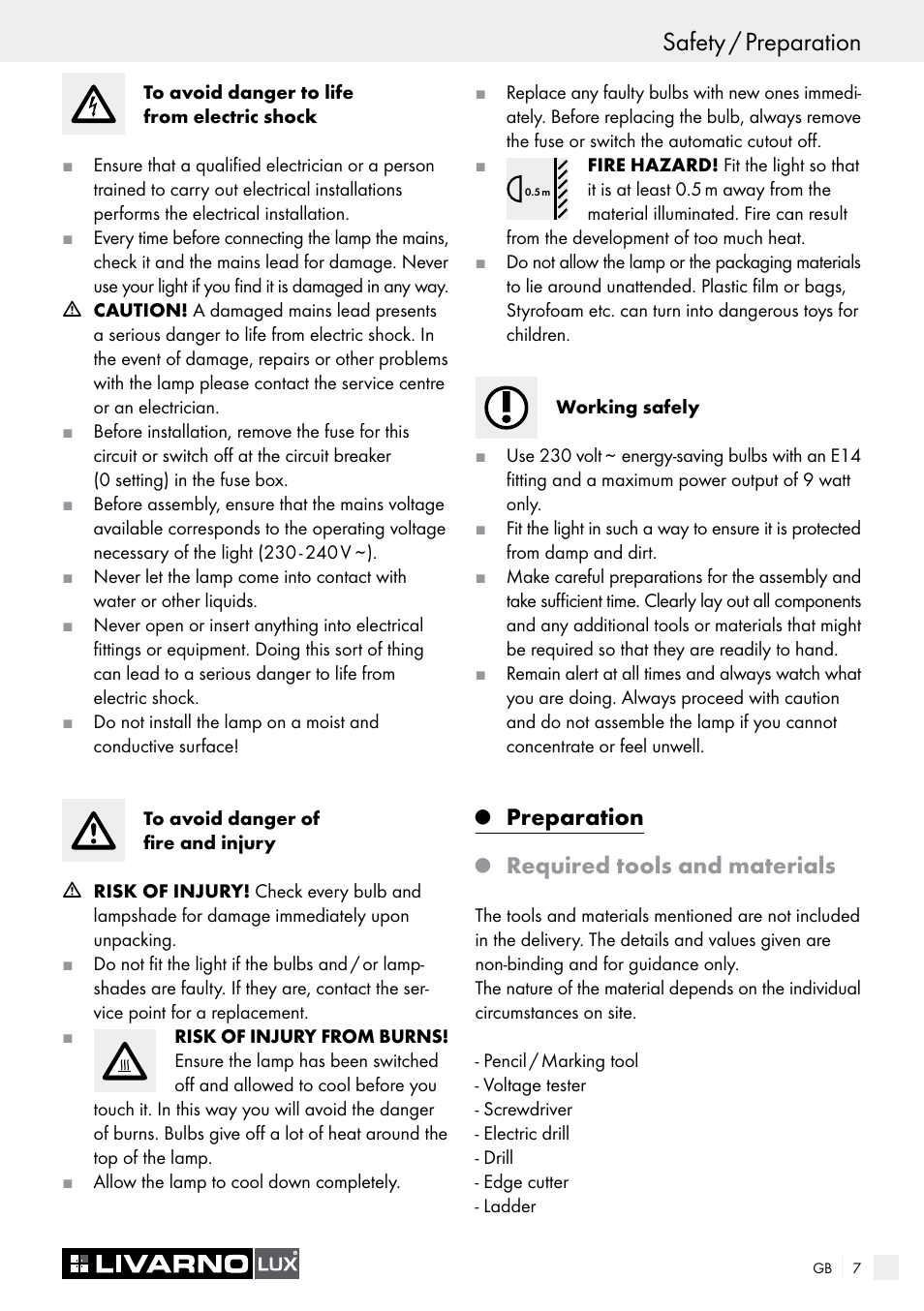 Safety / preparation, Preparation, Required tools and materials | Livarno 3940/052L User Manual | Page 7 / 48