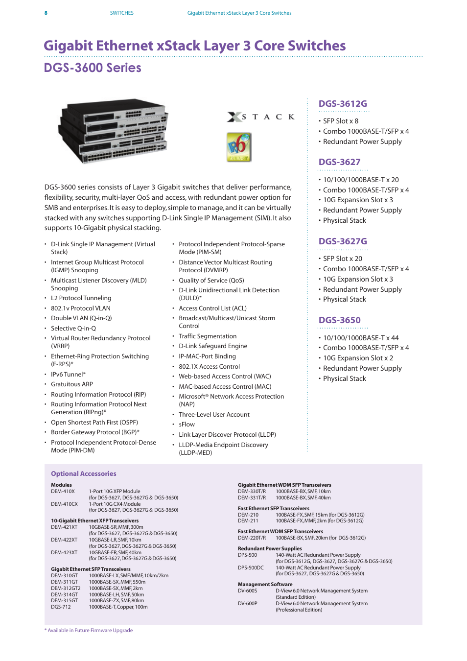 Gigabit ethernet xstack layer 3 core switches, Dgs-3600 series, Dgs-3612g | Dgs-3627, Dgs-3627g, Dgs-3650 | D-Link DES-7200 User Manual | Page 10 / 100