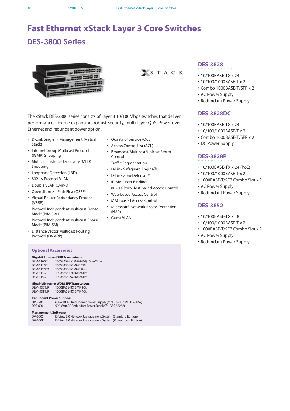Fast ethernet xstack layer 3 core switches, Des-3800 series, Des-3828 | Des-3828dc, Des-3828p, Des-3852 | D-Link DES-7200 User Manual | Page 12 / 100