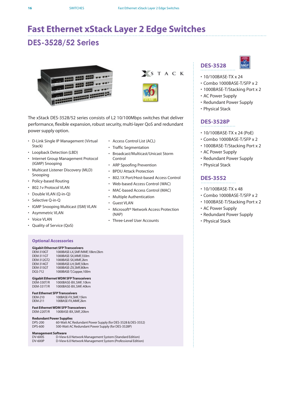 Fast ethernet xstack layer 2 edge switches, Des-3528, Des-3528p | Des-3552 | D-Link DES-7200 User Manual | Page 18 / 100