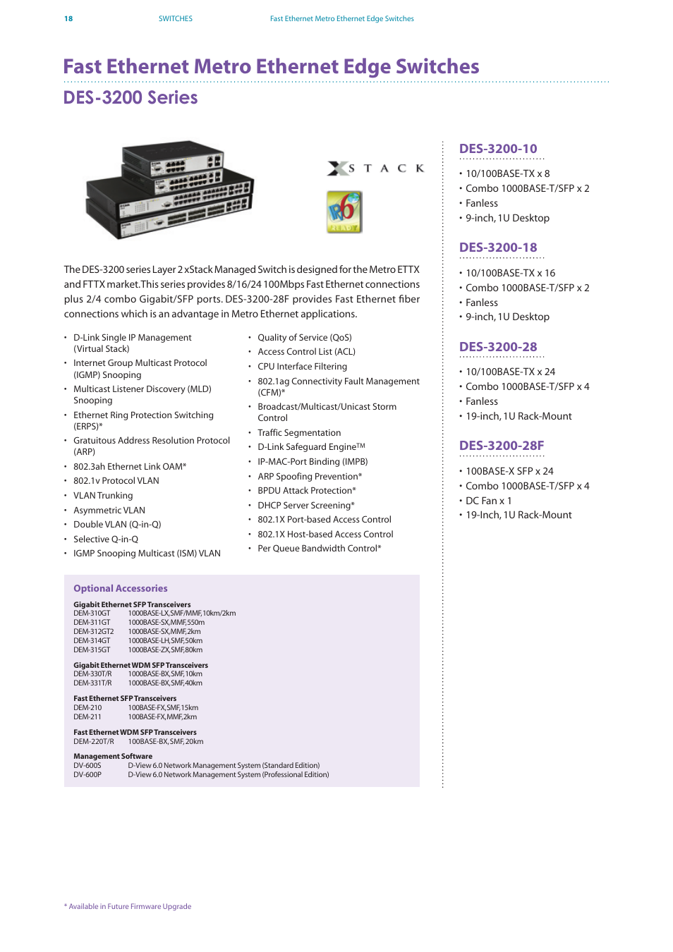 Fast ethernet metro ethernet edge switches, Des-3200 series | D-Link DES-7200 User Manual | Page 20 / 100