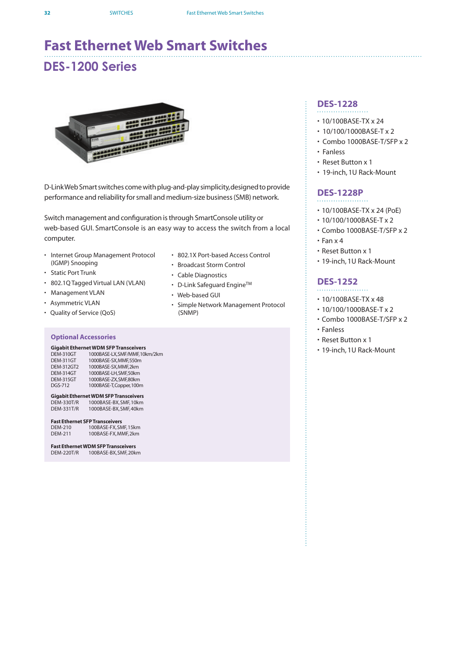 Fast ethernet web smart switches, Des-1200 series, Des-1228 | Des-1228p, Des-1252 | D-Link DES-7200 User Manual | Page 34 / 100
