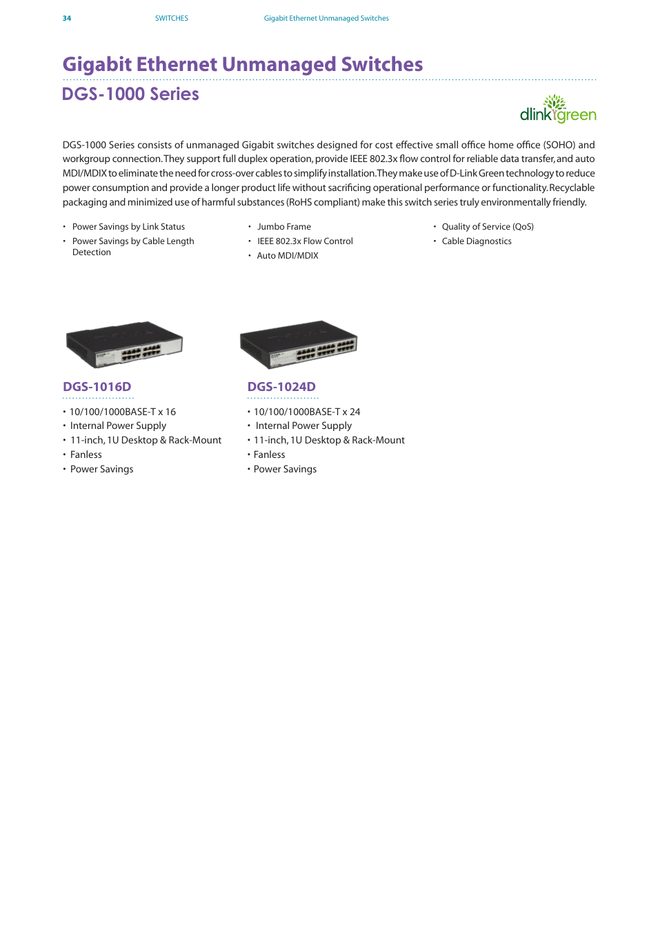Gigabit ethernet unmanaged switches, Dgs-1000 series | D-Link DES-7200 User Manual | Page 36 / 100
