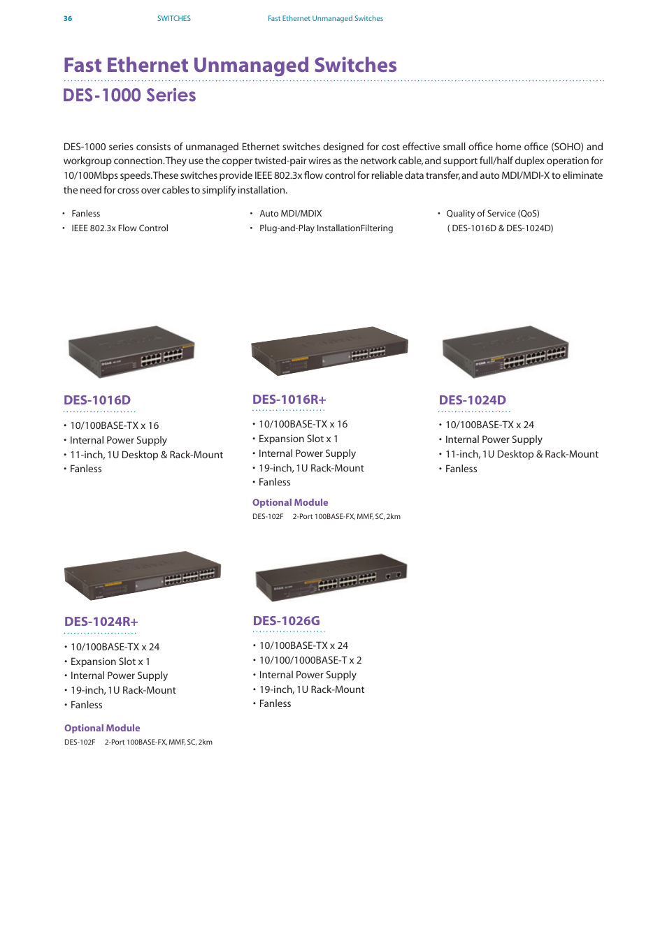 Fast ethernet unmanaged switches, Des-1000 series | D-Link DES-7200 User Manual | Page 38 / 100