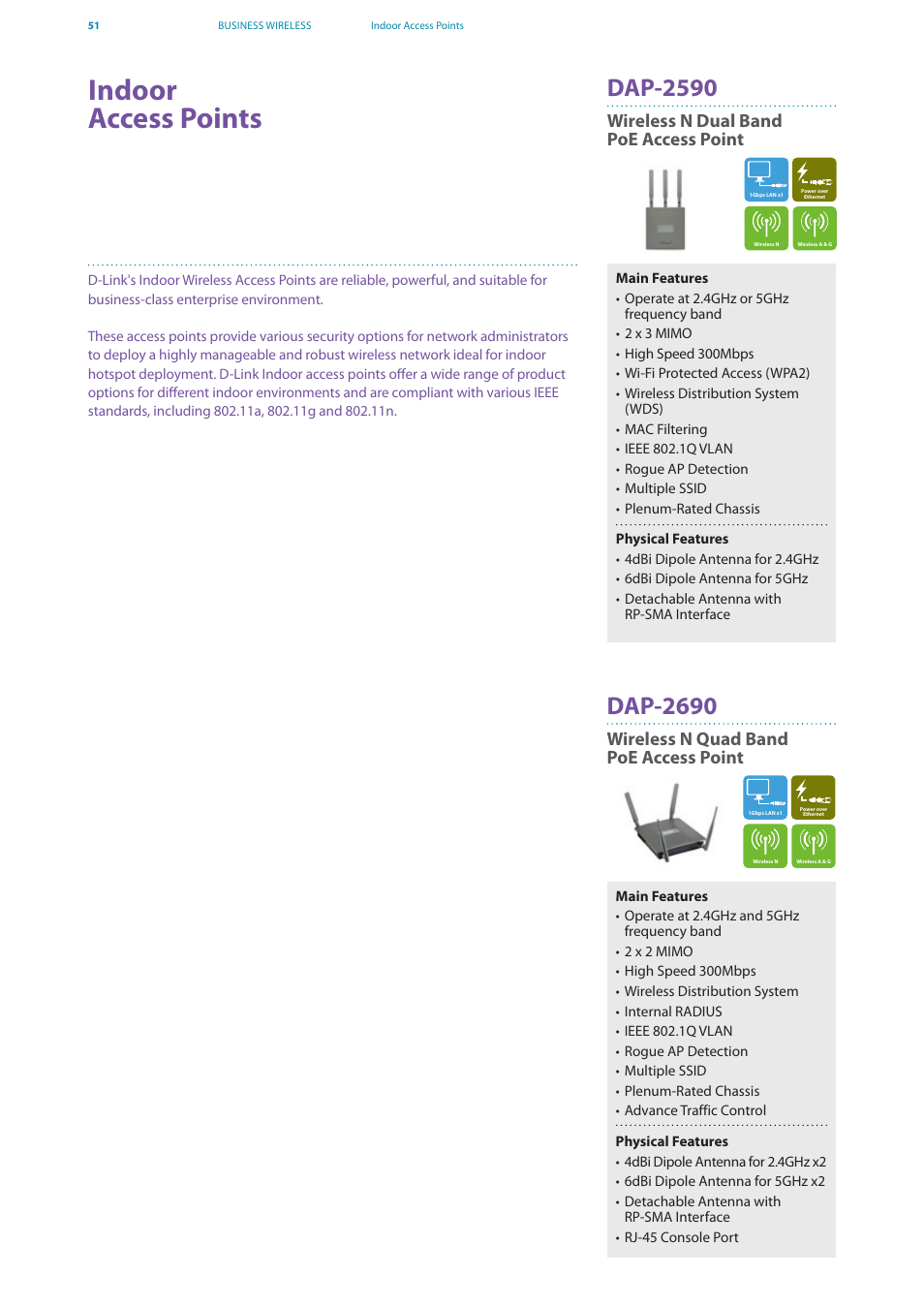 Indoor access points, Dap-2590, Dap-2690 | Wireless n dual band poe access point, Wireless n quad band poe access point | D-Link DES-7200 User Manual | Page 53 / 100