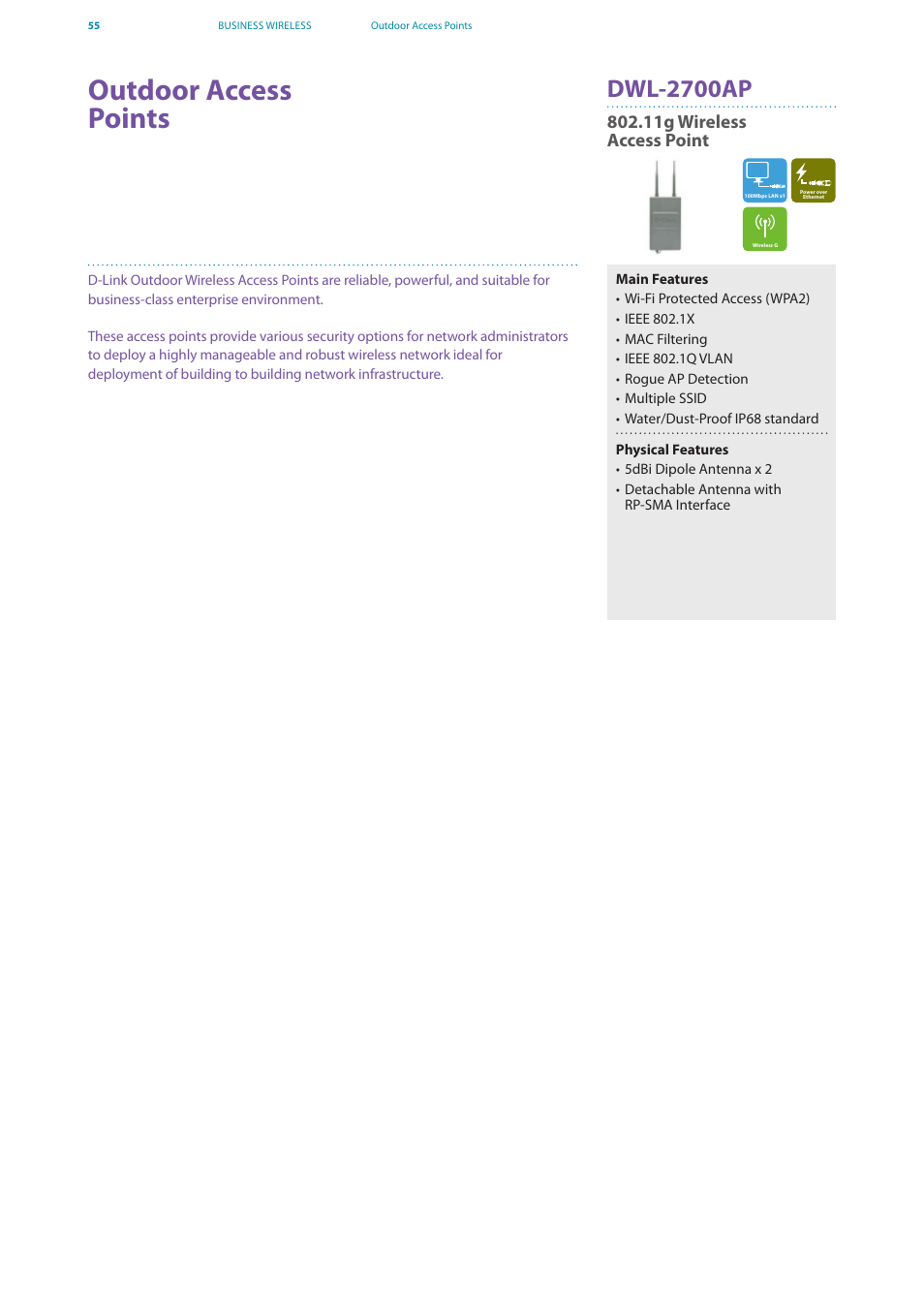 Outdoor access points, Dwl-2700ap | D-Link DES-7200 User Manual | Page 57 / 100