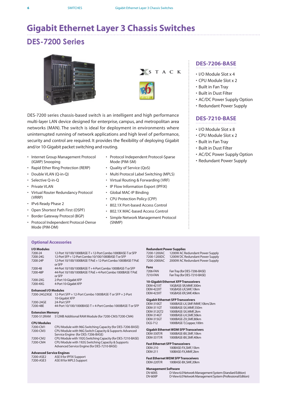 Gigabit ethernet layer 3 chassis switches, Des-7200 series, Des-7206-base | Des-7210-base | D-Link DES-7200 User Manual | Page 8 / 100