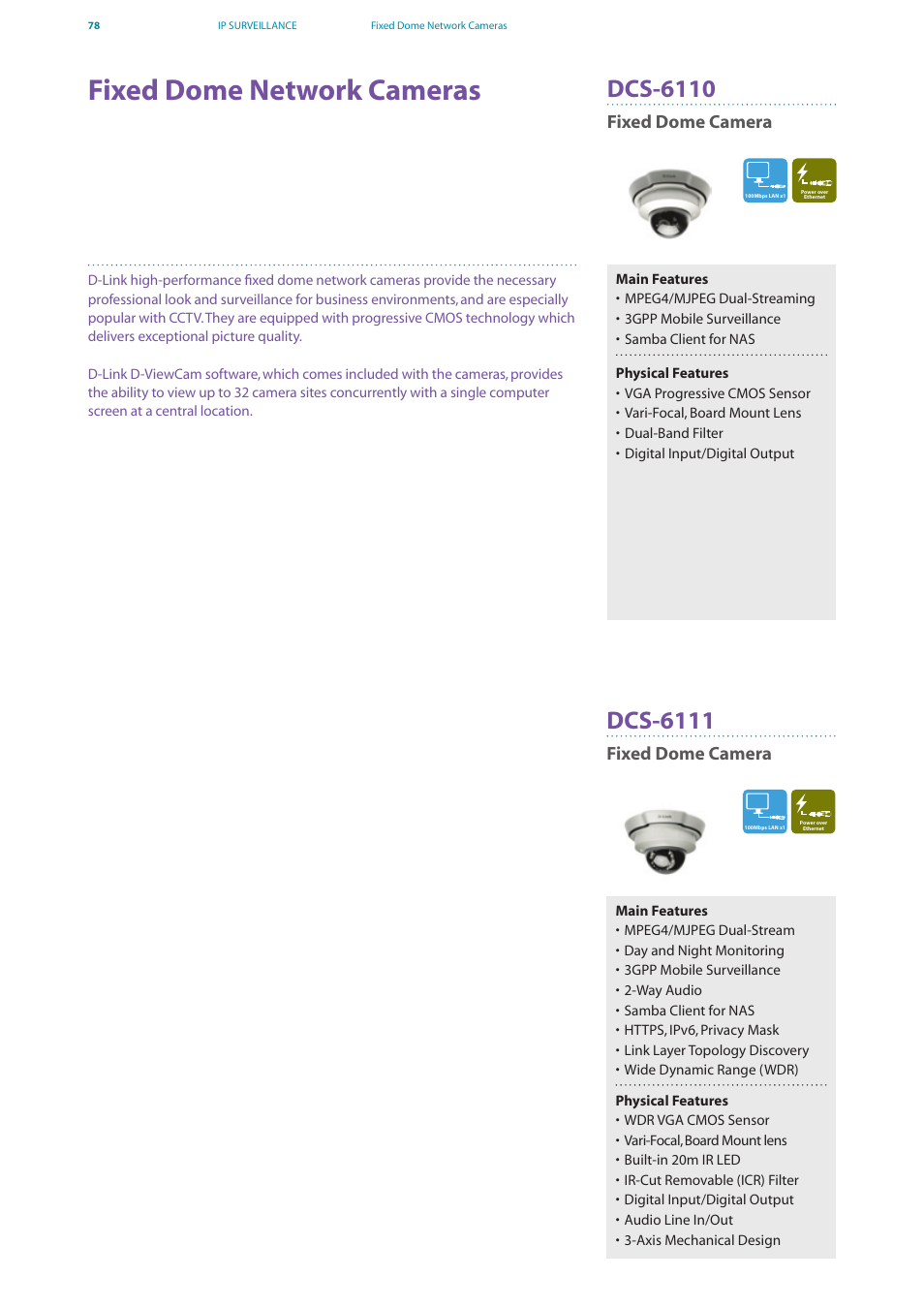 Fixed dome network cameras, Dcs-6110, Dcs-6111 | Fixed dome camera | D-Link DES-7200 User Manual | Page 80 / 100