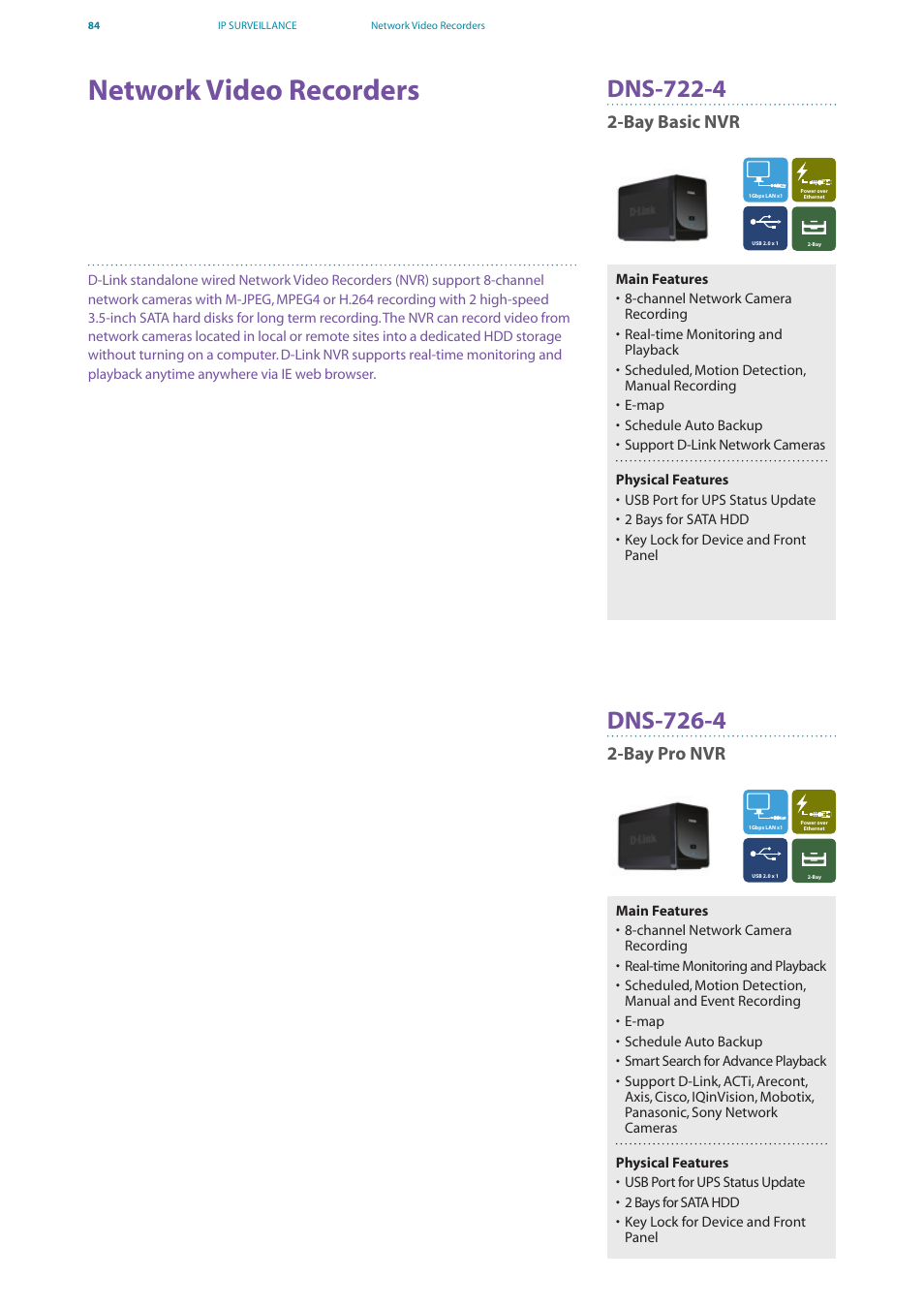 Network video recorders, Dns-722-4, Dns-726-4 | Bay basic nvr 2-bay pro nvr | D-Link DES-7200 User Manual | Page 86 / 100