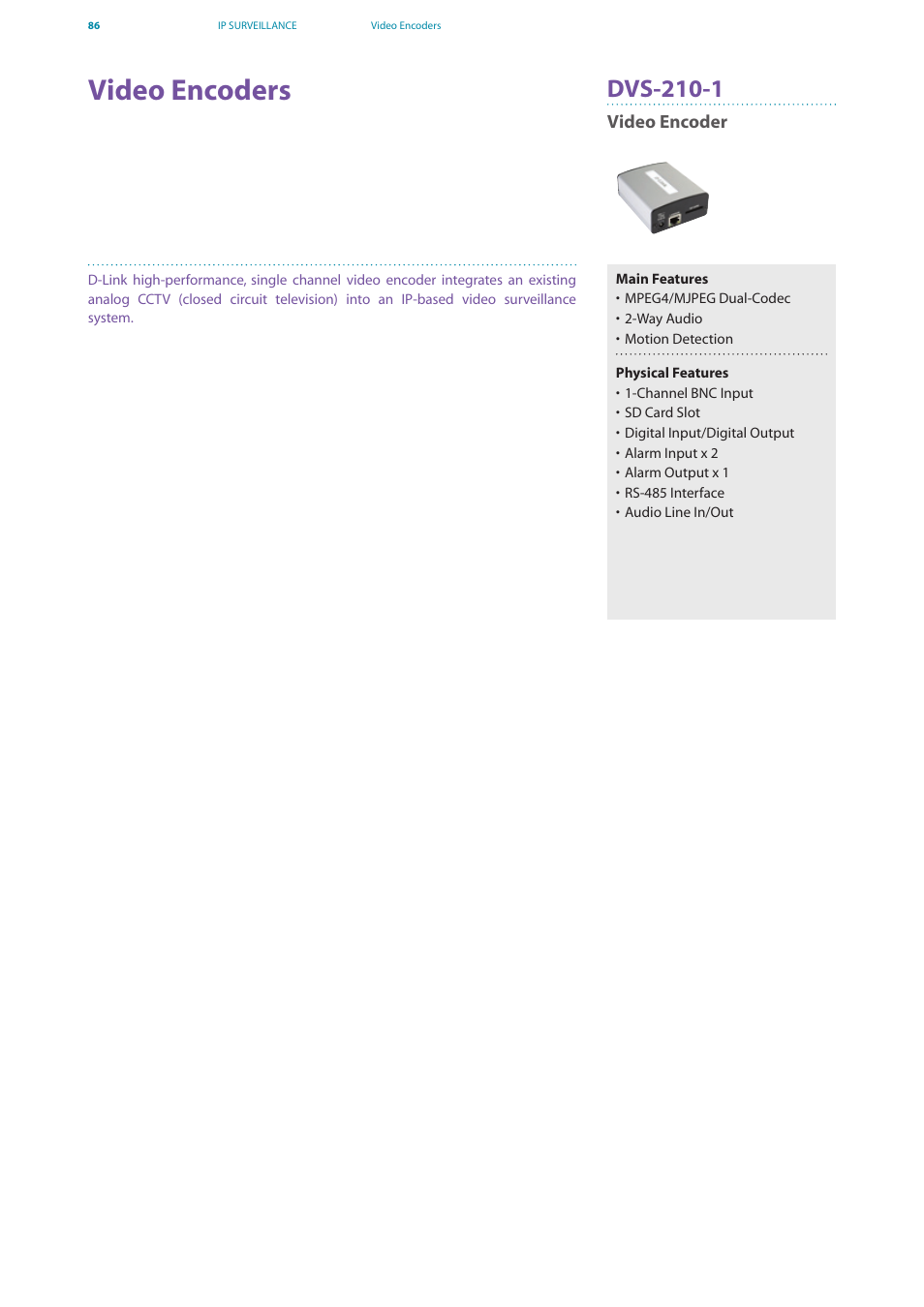 Video encoders, Dvs-210-1 | D-Link DES-7200 User Manual | Page 88 / 100