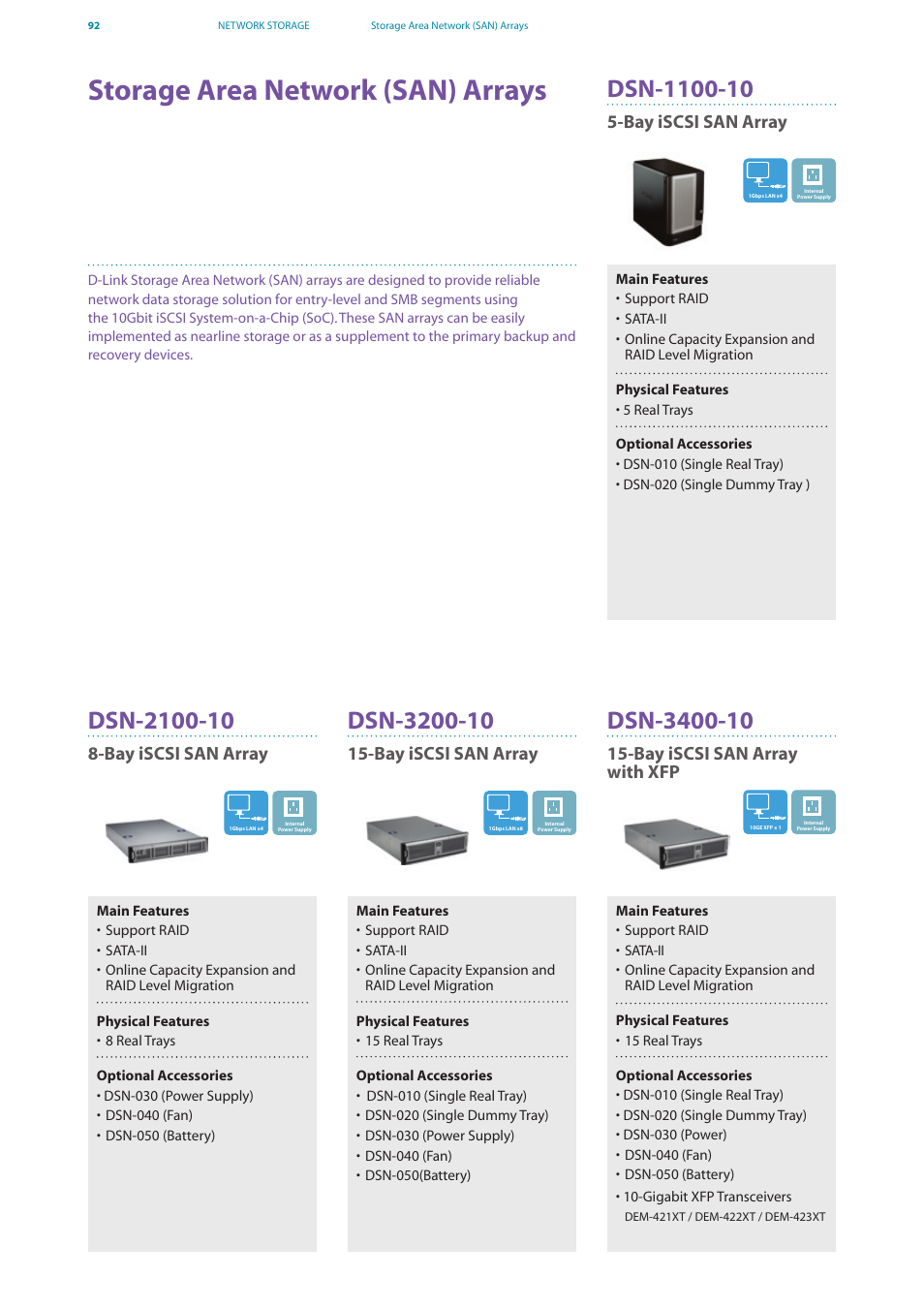 Storage area network (san) arrays, Bay iscsi san array | D-Link DES-7200 User Manual | Page 94 / 100