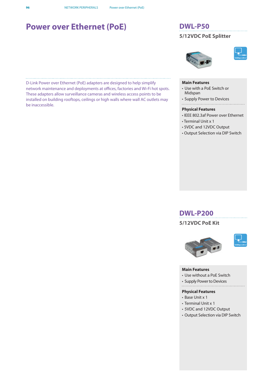 Power over ethernet (poe), Dwl-p50, Dwl-p200 | D-Link DES-7200 User Manual | Page 98 / 100