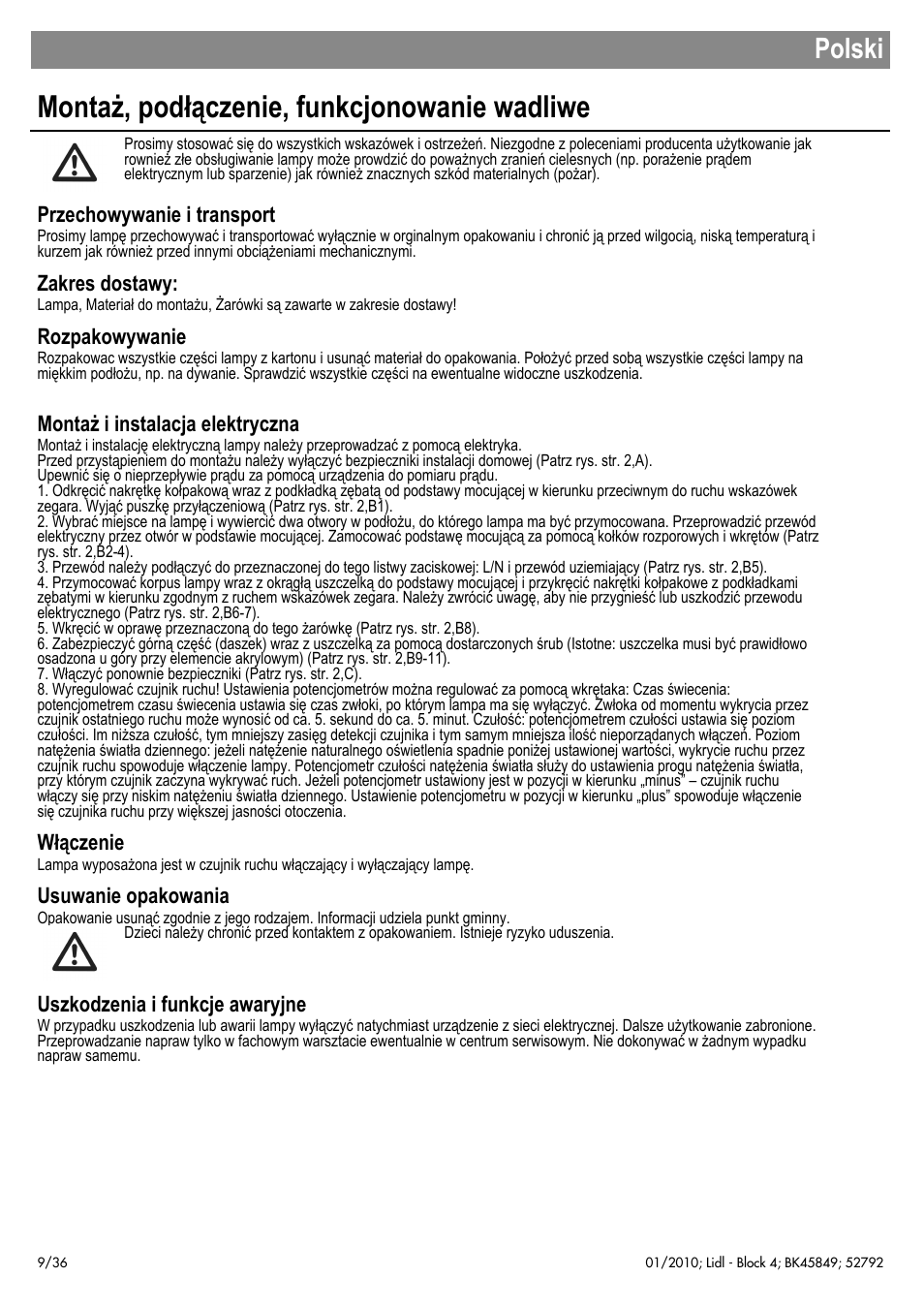 Montaż, podłączenie, funkcjonowanie wadliwe, Polski, Przechowywanie i transport | Zakres dostawy, Rozpakowywanie, Montaż i instalacja elektryczna, Włączenie, Usuwanie opakowania, Uszkodzenia i funkcje awaryjne | Livarno 52792 User Manual | Page 10 / 38