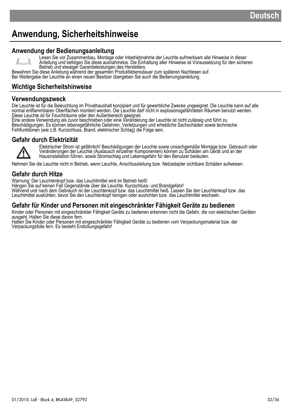 Anwendung, sicherheitshinweise, Deutsch, Anwendung der bedienungsanleitung | Wichtige sicherheitshinweise verwendungszweck, Gefahr durch elektrizität, Gefahr durch hitze | Livarno 52792 User Manual | Page 33 / 38