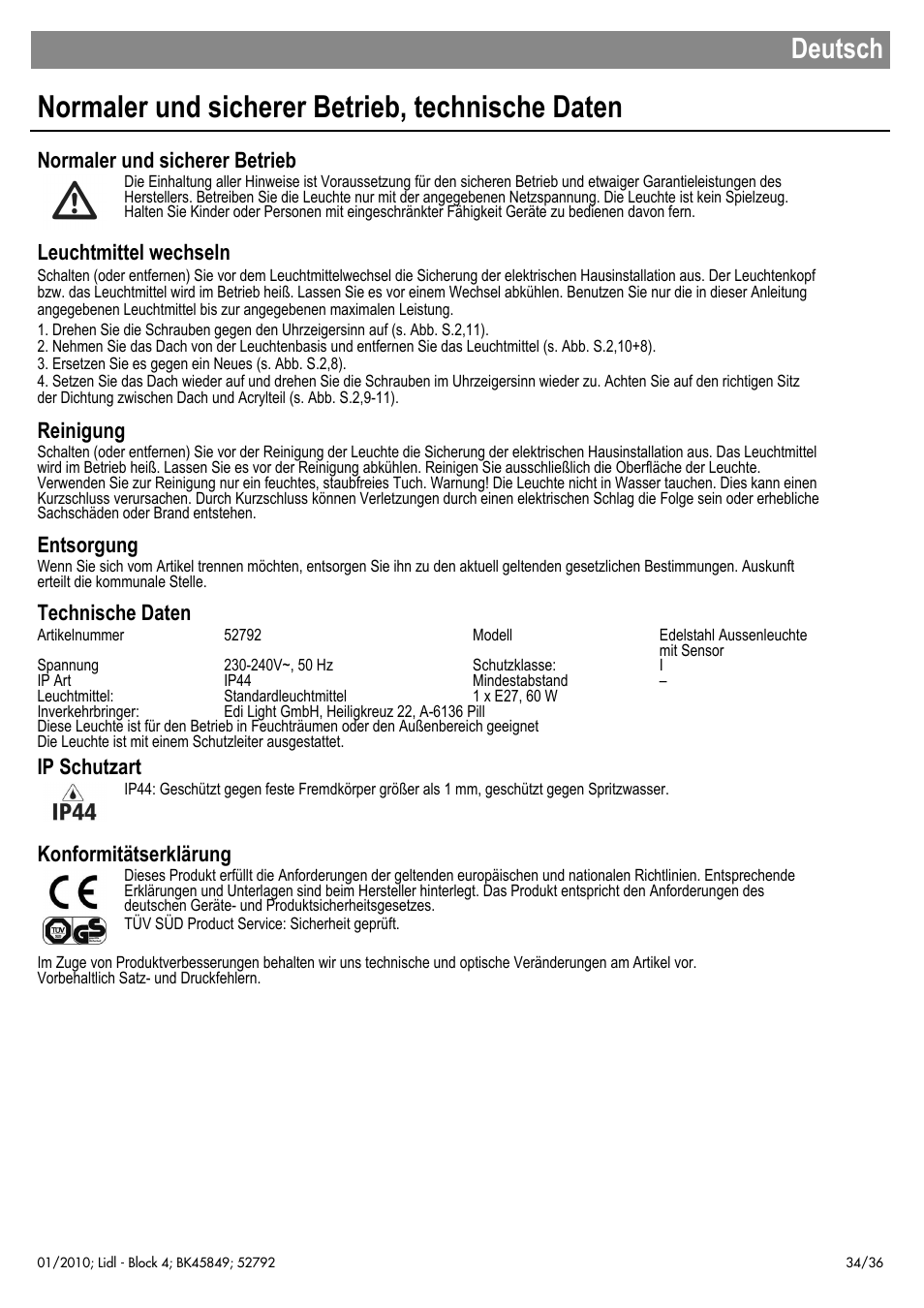 Normaler und sicherer betrieb, technische daten, Deutsch, Normaler und sicherer betrieb | Leuchtmittel wechseln, Reinigung, Entsorgung, Technische daten, Ip schutzart, Konformitätserklärung | Livarno 52792 User Manual | Page 35 / 38