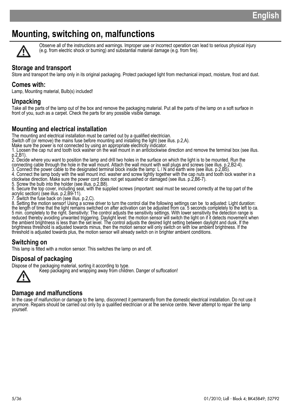 Mounting, switching on, malfunctions, English, Storage and transport | Comes with, Unpacking, Mounting and electrical installation, Switching on, Disposal of packaging, Damage and malfunctions | Livarno 52792 User Manual | Page 6 / 38