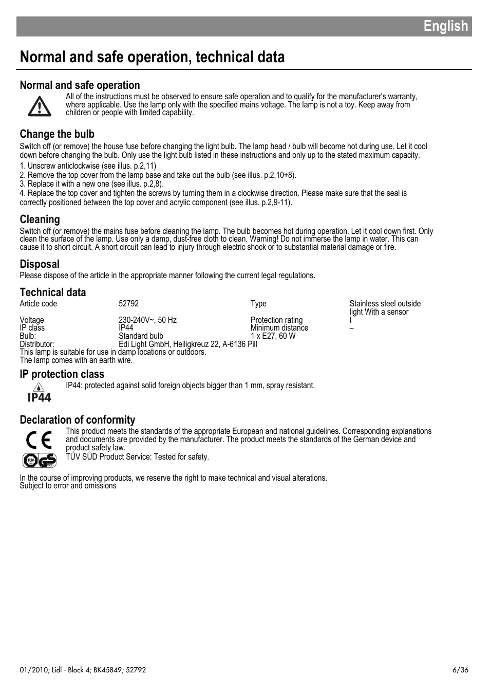 Normal and safe operation, technical data, English, Normal and safe operation | Change the bulb, Cleaning, Disposal, Technical data, Ip protection class, Declaration of conformity | Livarno 52792 User Manual | Page 7 / 38