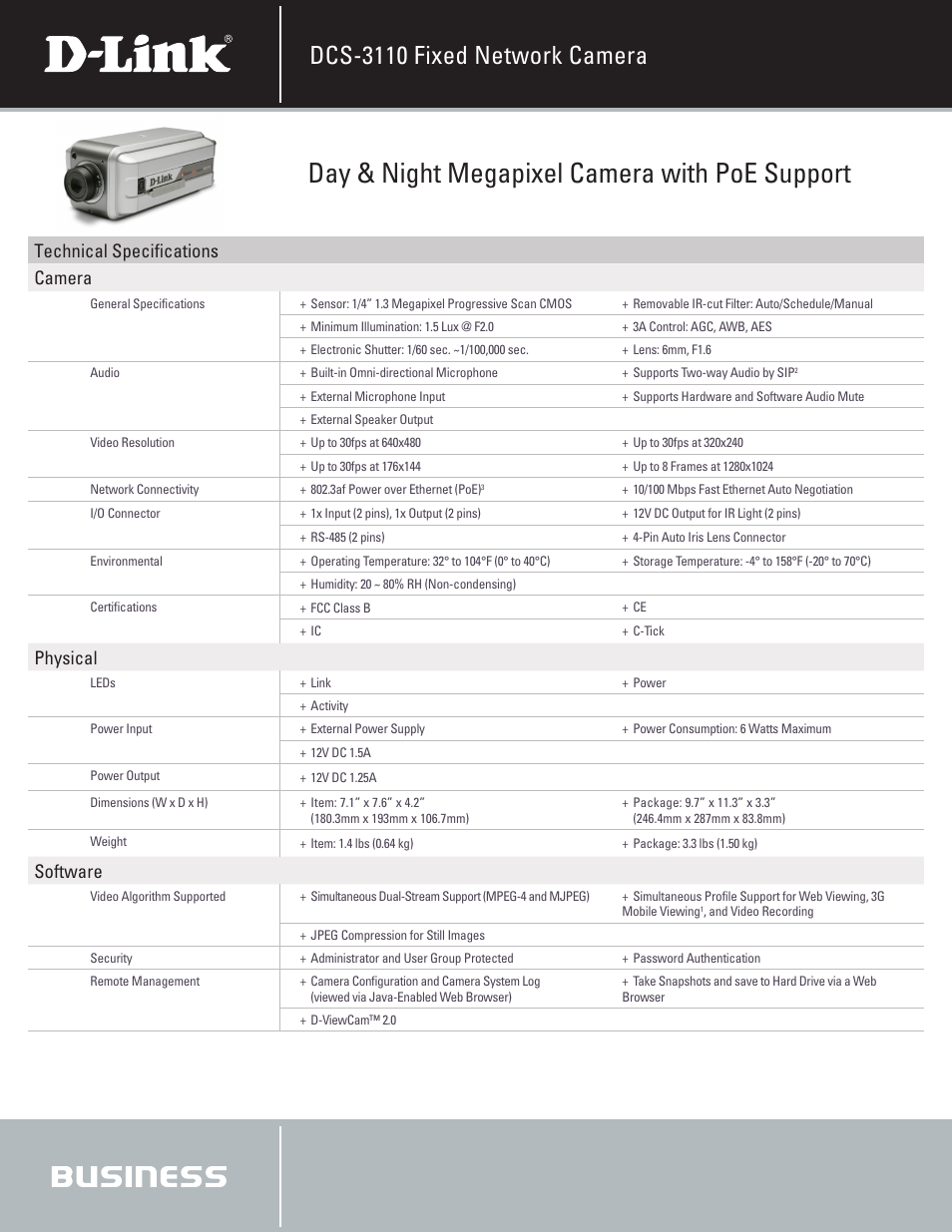 Day & night megapixel camera with poe support, Dcs-3110 fixed network camera, Technical specifications camera | Physical, Software | D-Link DCS-3110 User Manual | Page 2 / 3