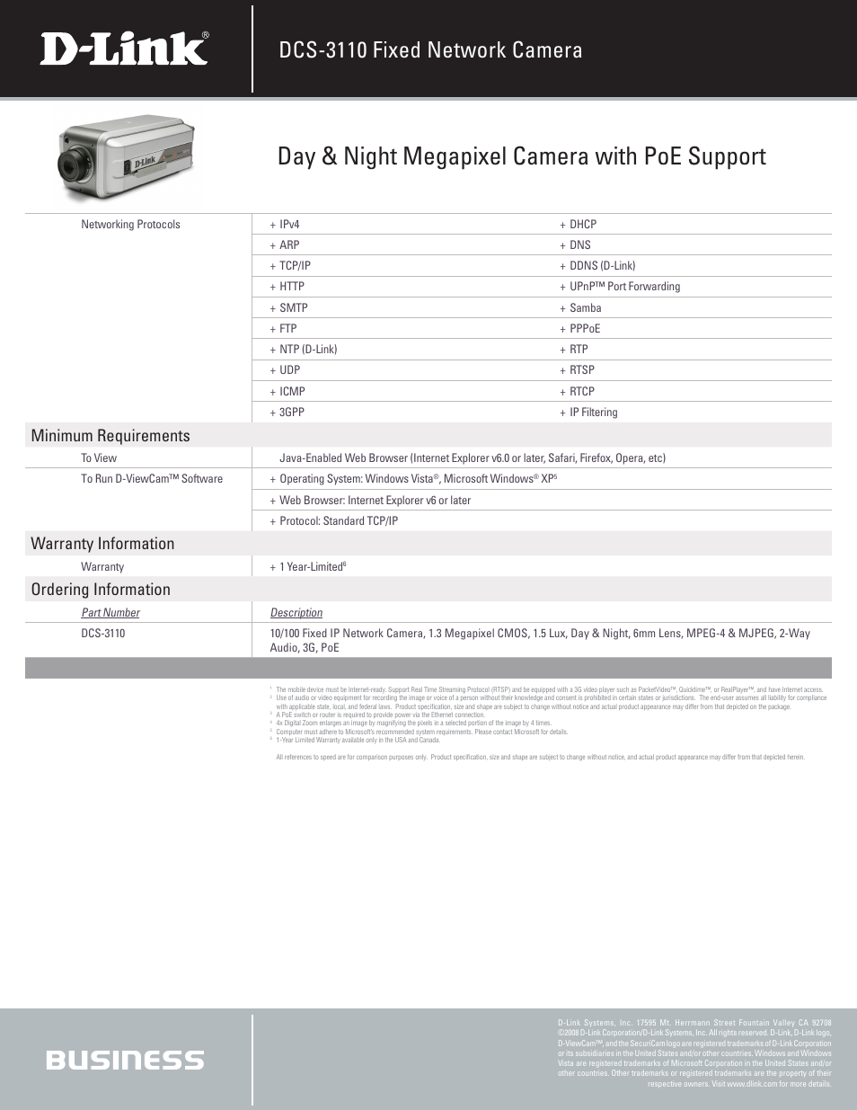 Day & night megapixel camera with poe support, Dcs-3110 fixed network camera, Minimum requirements | Warranty information, Ordering information | D-Link DCS-3110 User Manual | Page 3 / 3