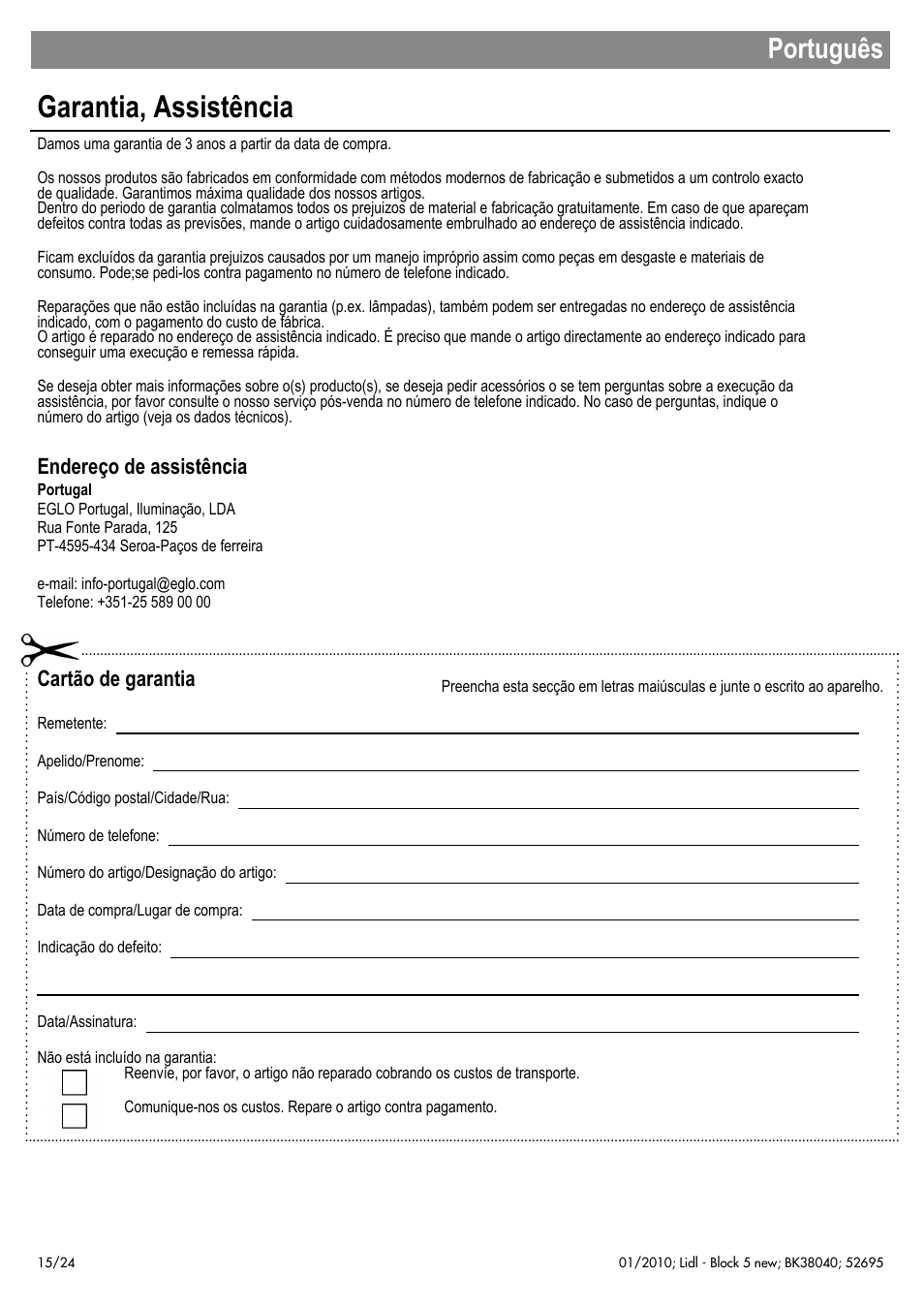 Garantia, assistência, Português, Endereço de assistência | Cartão de garantia | Livarno 52695 User Manual | Page 16 / 26