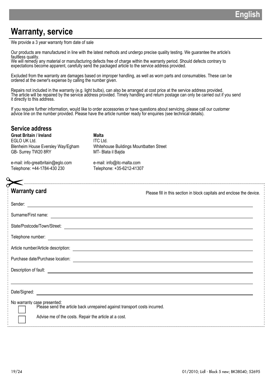 Warranty, service, English, Service address | Warranty card | Livarno 52695 User Manual | Page 20 / 26
