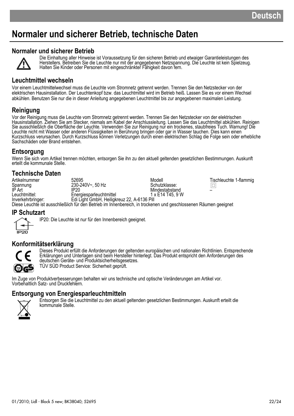 Normaler und sicherer betrieb, technische daten, Deutsch, Normaler und sicherer betrieb | Leuchtmittel wechseln, Reinigung, Entsorgung, Technische daten, Ip schutzart, Konformitätserklärung, Entsorgung von energiesparleuchtmitteln | Livarno 52695 User Manual | Page 23 / 26
