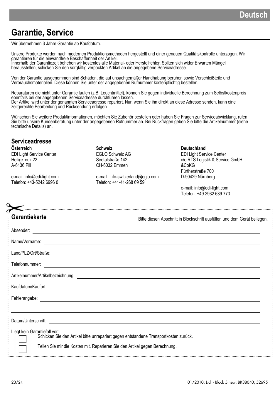 Garantie, service, Deutsch, Serviceadresse | Garantiekarte | Livarno 52695 User Manual | Page 24 / 26