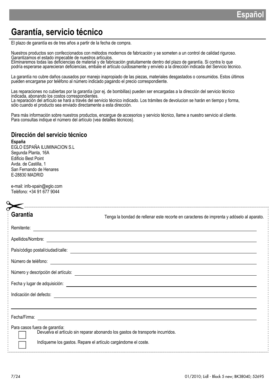 Garantía, servicio técnico, Español, Dirección del servicio técnico | Garantía | Livarno 52695 User Manual | Page 8 / 26
