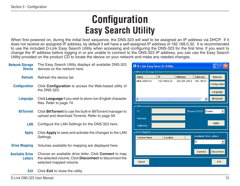 Configuration, Easy search utility | D-Link DNS-33 User Manual | Page 12 / 85