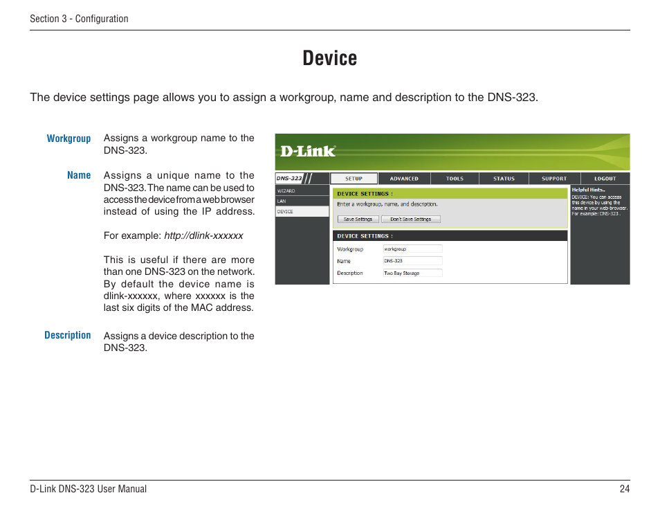 Device settings, Device | D-Link DNS-33 User Manual | Page 24 / 85