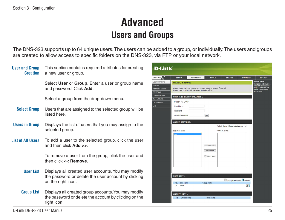 Advanced, Users and groups | D-Link DNS-33 User Manual | Page 25 / 85