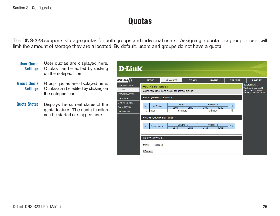 Quotas | D-Link DNS-33 User Manual | Page 26 / 85