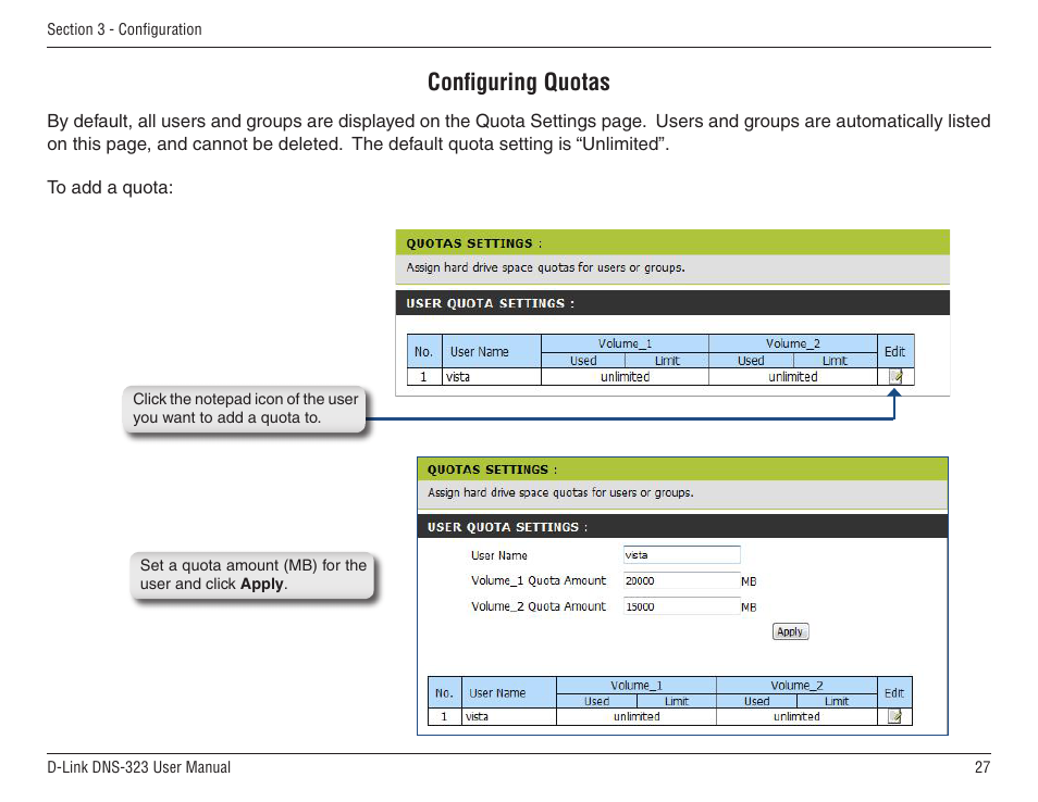 Configuring quotas | D-Link DNS-33 User Manual | Page 27 / 85