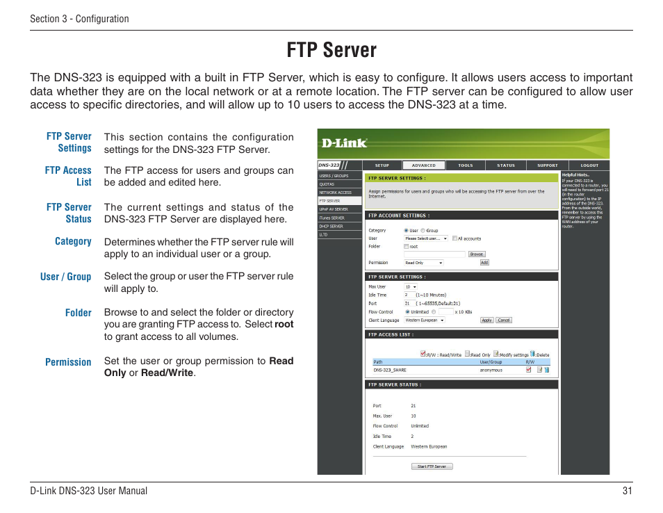 Ftp server | D-Link DNS-33 User Manual | Page 31 / 85