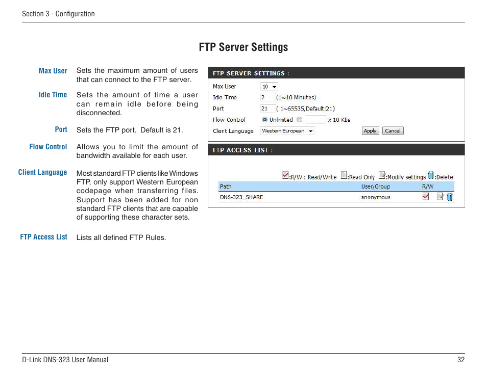 Ftp server settings | D-Link DNS-33 User Manual | Page 32 / 85