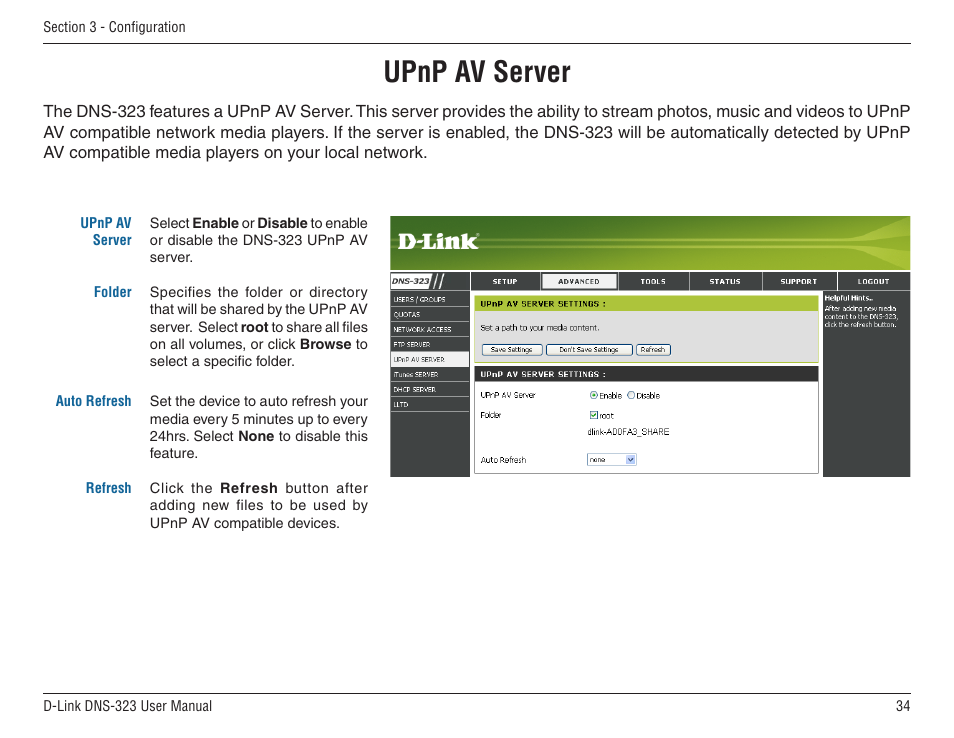 Upnp av server | D-Link DNS-33 User Manual | Page 34 / 85