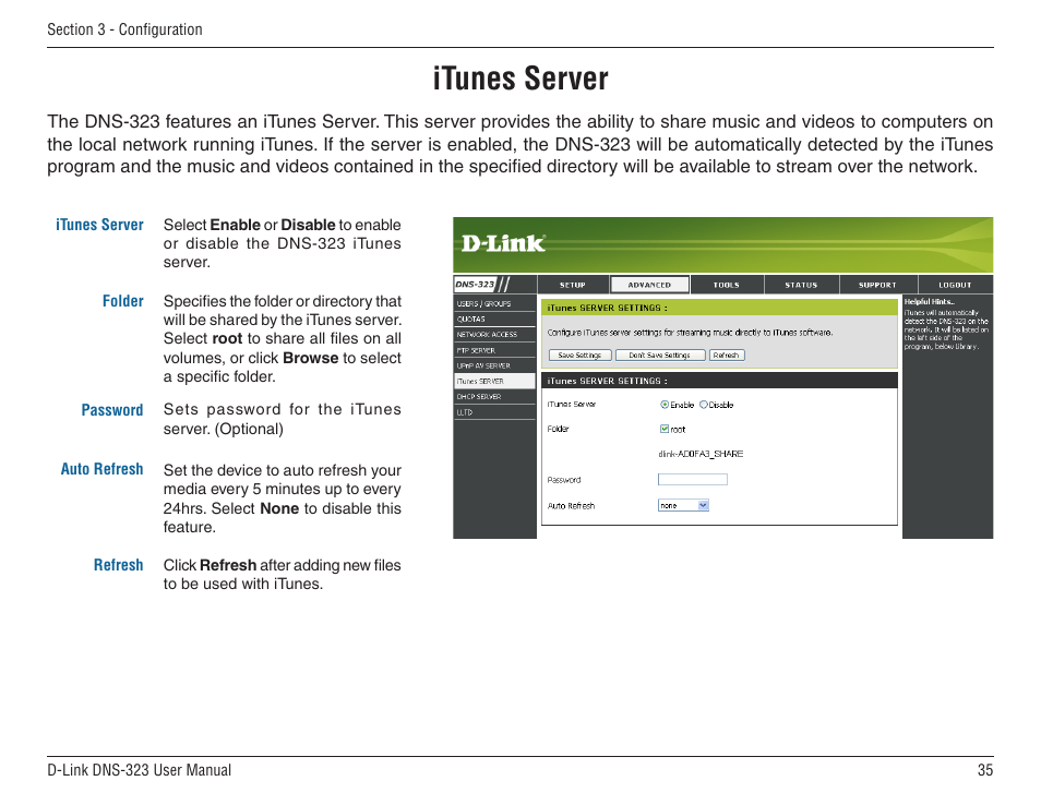 Itunes server | D-Link DNS-33 User Manual | Page 35 / 85
