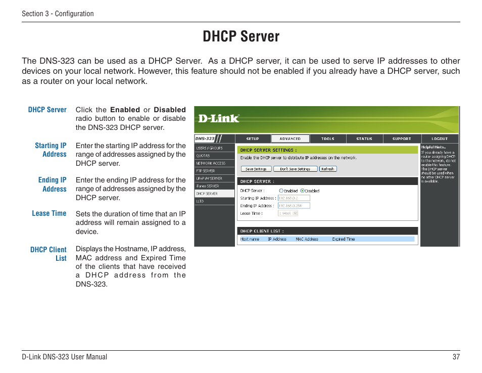 Dhcp server | D-Link DNS-33 User Manual | Page 37 / 85