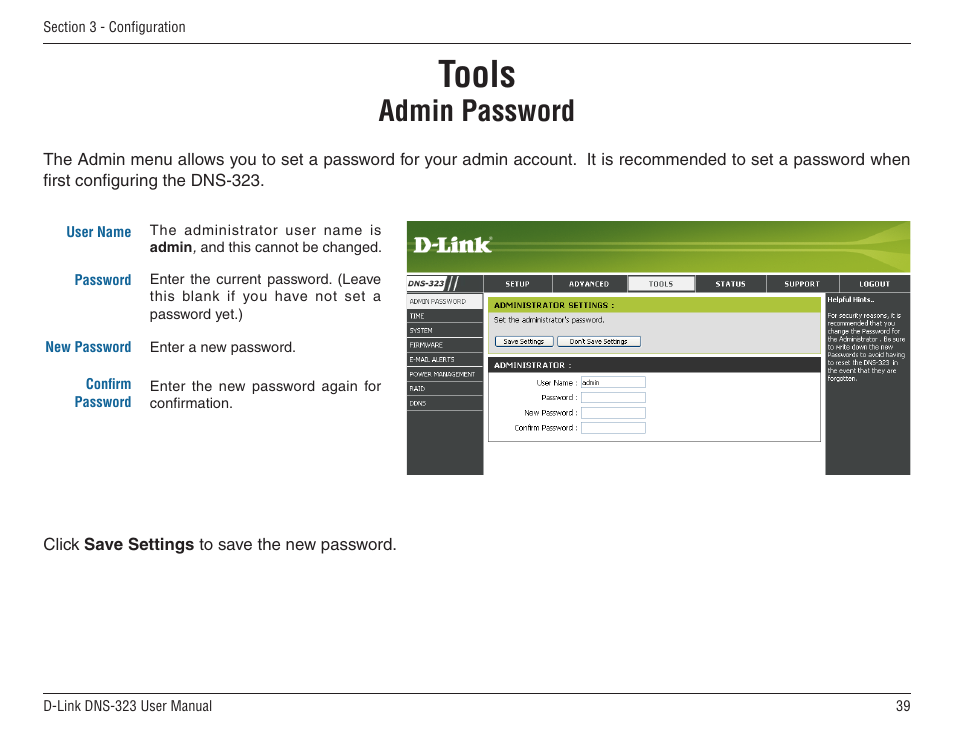 Tools, Admin, Admin password | D-Link DNS-33 User Manual | Page 39 / 85