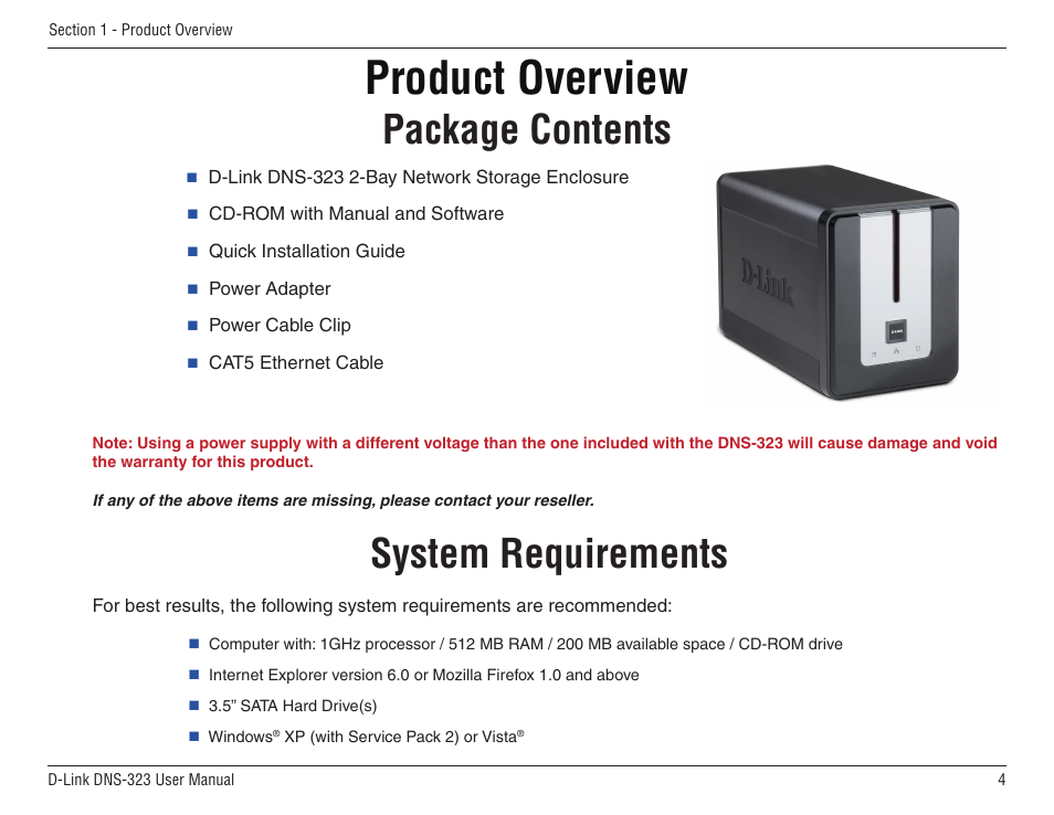 Product overview, Package contents, System requirements | Package contents system requirements | D-Link DNS-33 User Manual | Page 4 / 85